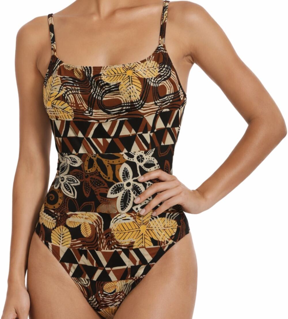 La Blanca Island Goddess Lingerie One Piece Swimsuit Floral Square Neck Brown 12